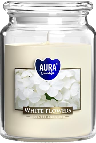 Große Duftkerze in einem Glas mit Deckel, 100 Stunden brennend, Durchmesser 9,9 cm und Höhe 14 cm, Aroma: Weiße Blumen von BISPOL