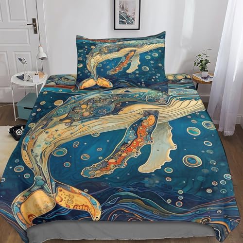 BLISSCOZY Humpback Walfisch Bettwäsche 3D Bettbezug Set 3teilig Wendebettwäsche Microfaser Bettwäschegarnitur Mit Gedruckt Reissverschluss Single（135x200cm） von BLISSCOZY