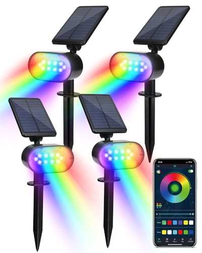 BLOOMWIN LED Solar Gartenleuchten mit Bluetooth APP, Solar Strahler Außen IP65 Wasserdicht, Solarstrahler für Außen Garten Bunt, LED Gartenstrahler Solar mit Erdspieß, für Garage, Wand, 4er Pack RGB von BLOOMWIN