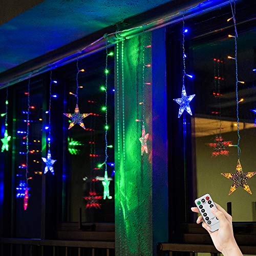 BLOOMWIN Lichtervorhang Stern Lichterkettenvorhang USB 3x0,65M 120LEDs 8Modi Stimmungslichter Weihnachtsbeleuchtung für Fenster Tür Innen Sternenvorhang Bunt von BLOOMWIN