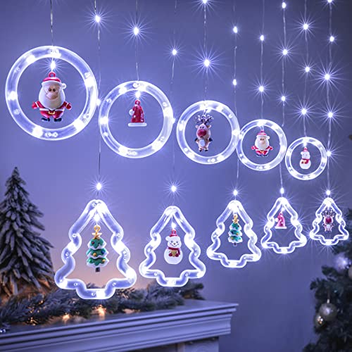 BLOOMWIN Weihnachtsbeleuchtung Lichterkette Fenster Innen, Ring- und Weihnachtsbaum Lichtervorhang mit Weihnachtsschmuck, Lichterkettenvorhang fensterbeleuchtung 3m 8 Modi USB Kaltweiß von BLOOMWIN
