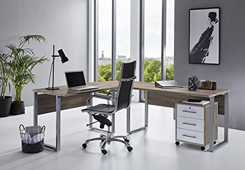 BMG Möbel Office Edition Tabor Schreibtisch Winkelschreibtisch mit abschließbarem Rollcontainer in Eiche Sonoma/Weiß 205 * 177 cm Arbeitsfläche von BMG Möbel