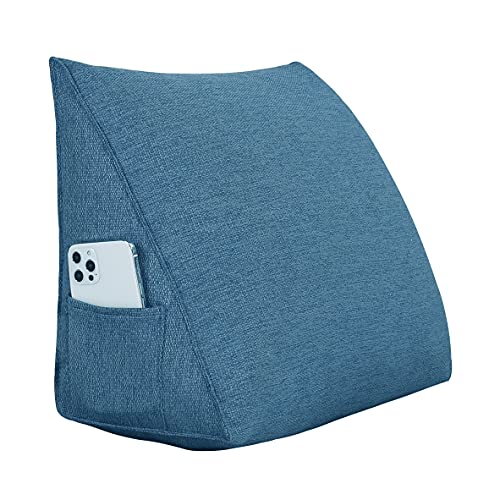 BNCKTRD Keilförmiger Kopfkissen Schlafzimmer Lesekissen Rückenstütze beim Sitzen im Bett Ergonomisches Lumbarkissen Körperpositionierung Bettkissen Leinen Bezug 45cm Blau von BNCKTRD