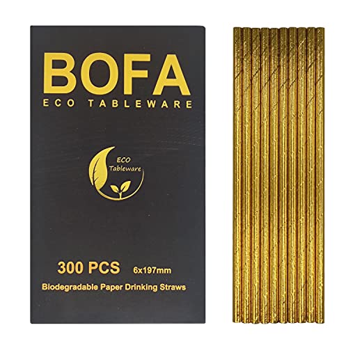 Gold Papier Trinkhalme, 300 Stück Party Golden Papier Strohhalme, 100% Biologisch Abbaubar Strohhalme für Geburtstag Partys, Weihnachten, Hochzeiten und Anlässe von BOFA Eco Tableware