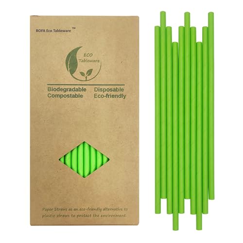 Grüne Papier Trinkhalme, 197mm,100 Stück Grüne Trinkhalme, 100% Biologisch Abbaubar Recycelbar Einweg Strohhalme für Cocktails, Säfte and Party von BOFA Eco Tableware