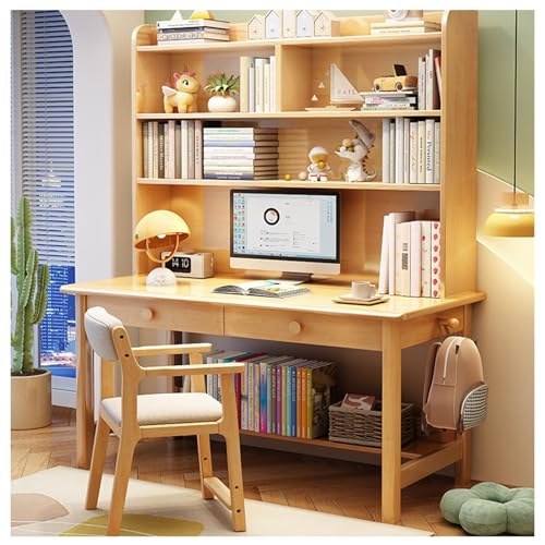 BOKNI Einfacher Schreibtisch aus Massivholz mit integriertem Bücherregal, ideal für das Heimbüro oder das Schlafzimmer (Farbe: Holzfarbe + Stuhl, Größe: 120 x 60 x 190 cm) von BOKNI