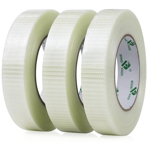 BOMEI PACK 3 Rollen Filamentband 25mm x 50m Glasfaservestärkt Packband Transparent Filament Klebeband Fadenverstärkt Zum Umreifen, Fixieren und Reparieren von BOMEI PACK