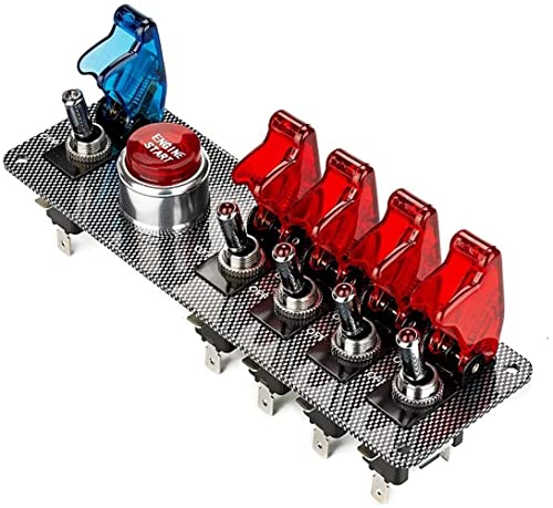 BONATECH DC12V Klapp-Zündschalter Panel 5 in 1 Auto Motorstart Druckknopf LED Toggle Racing Sport Wettbewerbsauto (4Rot 1Blau,Kohlefaserplatte) von BAITHNA