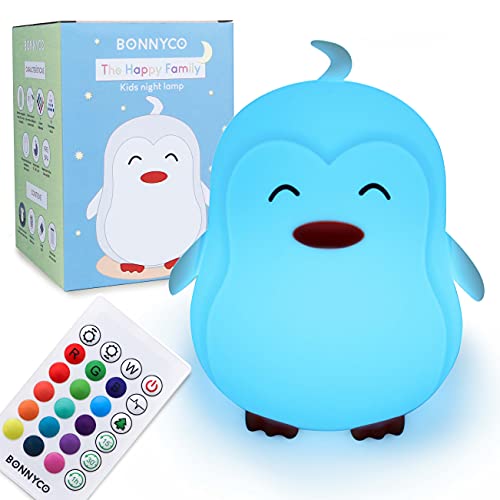 BONNYCO Nachtlicht Kinder mit Fernbedienung und Berührungssensor 16 Farben Pinguin Nachtlicht Baby mit Timer | Nachttischlampe Kinder Silikon 100% BPA-Frei | Kinder Nachtlicht Geschenke Baby von BONNYCO