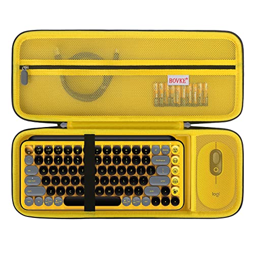 BOVKE Harte Tragetasche Kompatibel mit Logitech POP Keys Mechanische drahtlose Tastatur und POP Wireless Mouse Combo, Mesh Zipper Bag für Kabel, Batterien, Emoji Keys, Schwarz+Blast Yellow (nur Fall) von BOVKE
