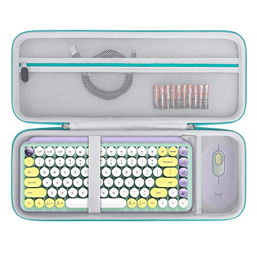 BOVKE Harte Tragetasche Kompatibel mit Logitech POP Tasten Mechanische drahtlose Tastatur und POP Wireless Maus Combo, Mesh Reißverschluss Tasche für Kabel, Batterien, Emoji Tasten,Mint Blue(nur Fall) von BOVKE