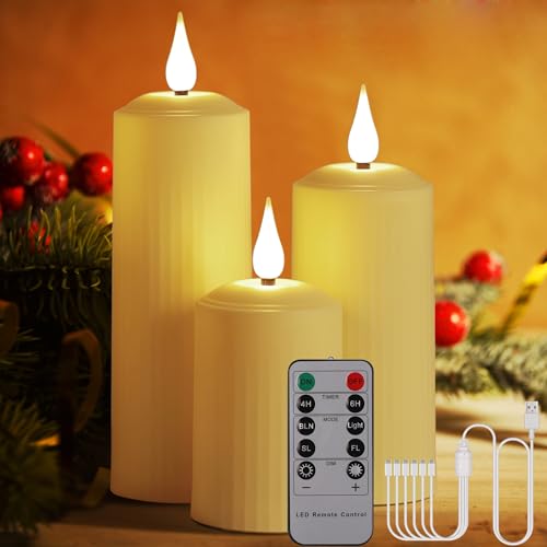 BOWKA LED Kerzen Außenbereich Kerzenlichter wiederaufladbar mit Fernbedienung und Timer Flackerndes warmweiß Dimmbar kabellos Stumpenkerze USB-Kabel Home Saisonale Deko (Beige 3stk./Set) von BOWKA