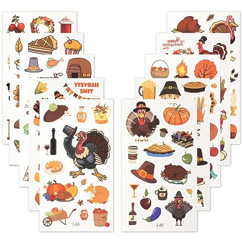 10 Bögen Temporäre Thanksgiving-Tattoos, Verschiedene Muster Herbst-Tattoos für Kinder Truthahn-Eichhörnchen-Kürbis-Ahornblatt-Aufkleber Thanksgiving-Partyzubehör von BOXOB