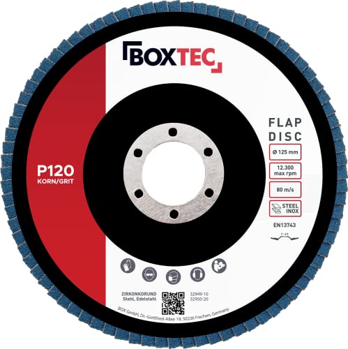 BOXTEC Profi-Fächerscheiben BLAU 125mm INOX Lamellenscheiben Schleifscheiben, Körnung:P120-10er Pack von BOXTEC