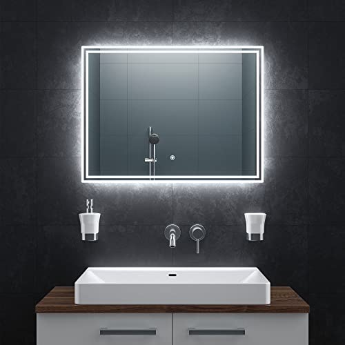 BR Bringer LED Badspiegel - 80x60 cm - Badezimmerspiegel mit Beleuchtung und Anti-Beschlag Funktion - Dimmbar, Energiesparend, 3 Lichtfarben, Touch-Schalter und Speicherfunktion von BR Bringer