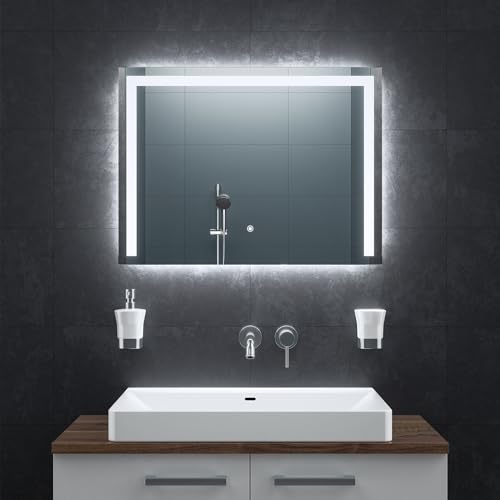 BR Bringer LED Badspiegel - 80x60 cm - Badezimmerspiegel mit Beleuchtung und Anti-Beschlag Funktion - Dimmbar, Energiesparend, 3 Lichtfarben, Touch-Schalter und Speicherfunktion von BR Bringer