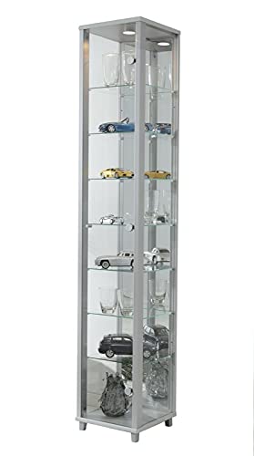 Glasvitrine Sammlervitrine Vitrine Standvitrine mit LED und 7 Glasböden höhenverstellbar ESG Glas in Silber Alu-Dekor 172x32x33 cm von AWEHIRU