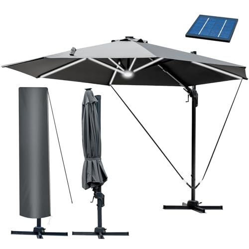 BRAST® Alu Sonnenschirm Ampelschirm | Ø360cm Grau + LEDs | Windsicherung & Schützhülle | viele Modelle | UV-Schutz 80+ | wasserabweisend | drehbar schwenkbar & höhenverstellbar von BRAST