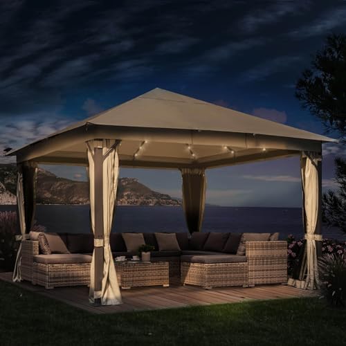 BRAST® Pavillon Aluminium Infinity 3x4m oder 4x4m | viele Modelle & Farben | inkl. Moskitonetz | wahlweise LEDs | wasserdicht | stabil | UV-Schutz | 3x4m Beige LEDs von BRAST