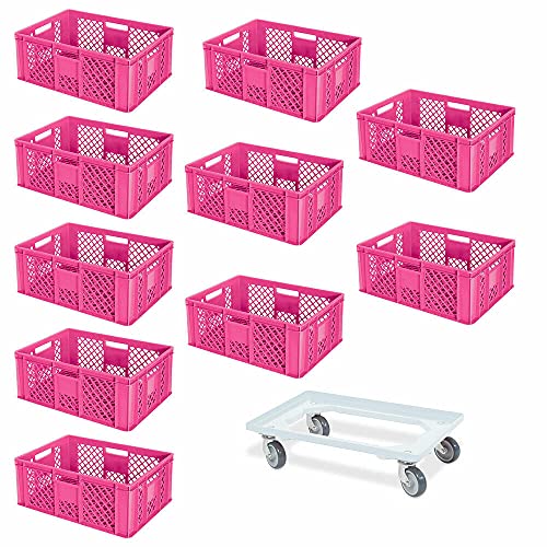 10 Eurobehälter, LxBxH 600x400x240 mm, Industriequalität, lebensmittelecht, pink + 1 Transportroller, weiß von BRB