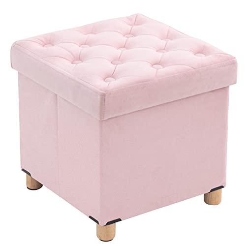 BRIAN & DANY Faltbarer Sitzhocker Samt mit Stauraum und Deckel mit Holzfüßen, 40 x 40 x 40 cm, Pink von BRIAN & DANY