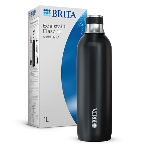 BRITA Edelstahlflasche schwarz für sodaTRIO Wassersprudler (1l) – isolierte & doppelwandige Premium Edelstahl Flasche mit stylischem Silikonring am Verschluss für rutschfestes Handling von BRITA