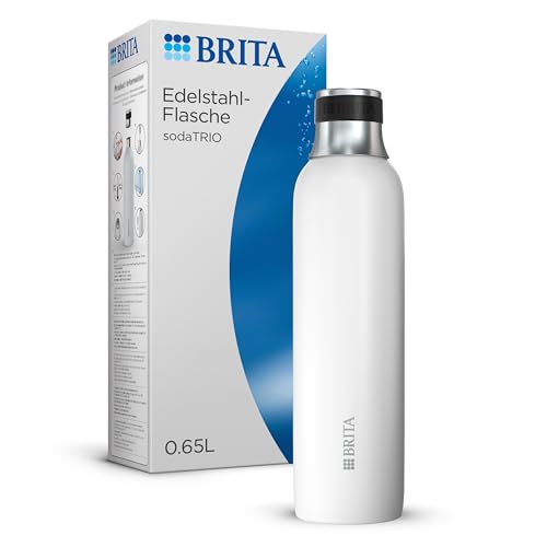 BRITA Edelstahlflasche weiß für sodaTRIO Wassersprudler (0,65l) – isolierte & doppelwandige Premium Edelstahl Flasche mit stylischem Silikonring am Verschluss für rutschfestes Handling von BRITA