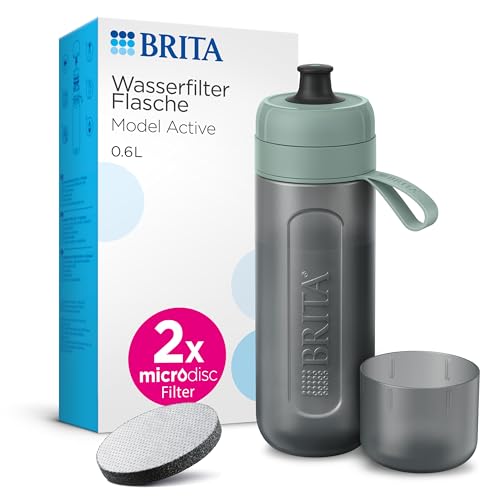 BRITA Sport Wasserfilter Flasche Model Active dunkelgrün (600ml) inkl. 2 MicroDisc Filter – zusammendrückbare BPA-freie Flasche für unterwegs, filtert beim Trinken / spülmaschinengeeignet von BRITA