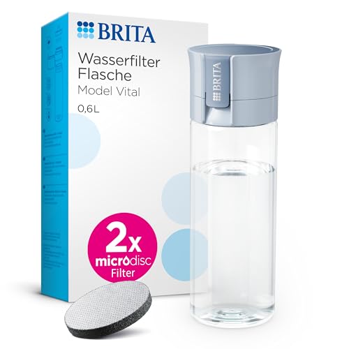 BRITA Wasserfilter Flasche Model Vital hellblau (600ml) inkl 2 MicroDisc Filter – Praktische Trinkflasche mit Wasserfilter für unterwegs, filtert Chlor & Bakterien beim Trinken / spülmaschinengeeignet von BRITA