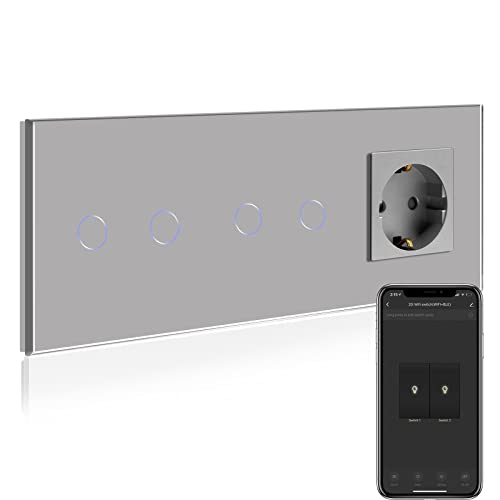 BSEED Normal Steckdose mit Smart Alexa Lichtschalter, Kompatibel mit Alexa,Google Home, Doppel Smart Lichtschalter mit Glas Touchscreen 2 Fach 1 Weg 16Amp Steckdose Grau (Nullleiter benötigt) von BSEED