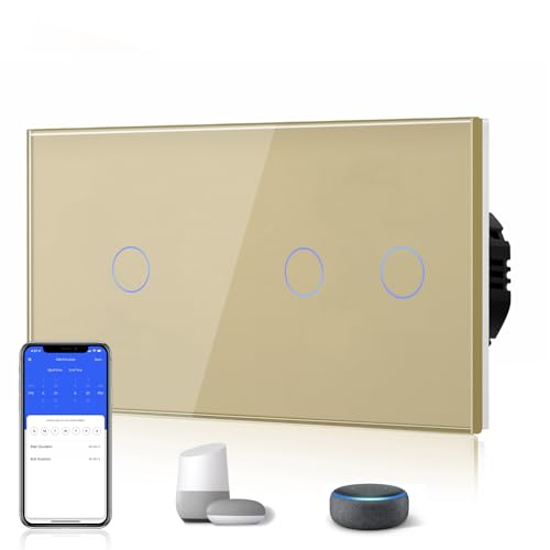 BSEED Smart Alexa Lichtschalter Touch 1 Fach und 2 Fach 1 Weg (Neutralstrom Erforderlich) Alexa/Tuya/Google Home-kompatible Glasscheibe 157 * 86 Gold von BSEED