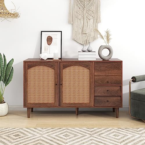 BTM Sideboard Mit Rattan Einsatz, Breite 130 cm, mit DREI Türen und Zwei unregelmäßigen Schubladen 130 * 75.5 * 40 cm von BTM