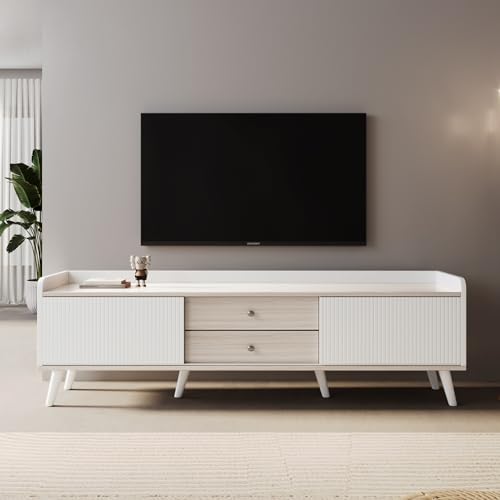 BTM TV-Schrank mit Zwei Schubladen, Fernsehtisch TV Board, TV- Lowboard niedrige Platte mit Zwei Schiebetüren. Exquisite Textur. Weiß und natürliches Holzfarbe. H58/L160/T40 cm von BTM