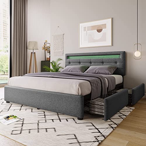 Bett mit Stauraum & LED-Beleuchtung, 4 Schubladen, Samt-Stoff Polsterbett Doppelbett, Lattenrost aus Holz, (Grau, 140 x 200 cm) von BTM