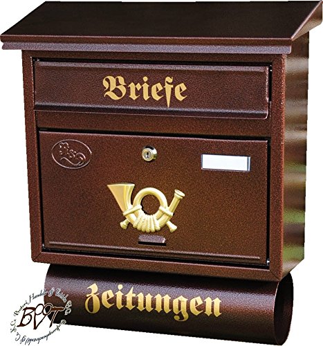 Stabiler Briefkasten, Premium-Qualität, mit Schutzlackierung FG/c groß in kupfer kupferbraun braun Zeitungsfach Zeitungen Post antik Mailbox Schild von BTV