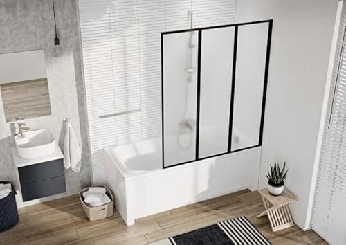 Faltwand Badewannenfaltwand Badewannenabtrennung Duschabtrennung Kunststoffglas Tropfendekor Edle Schwarze Profile 120cmx140cm BxH 3teilig Schwarz von BTW