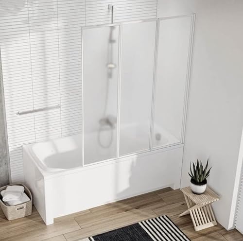 Faltwand Badewannenfaltwand Badewannenabtrennung Duschabtrennung Kunststoffglas Tropfendekor Edle Weisse Profile 120cmx140cm BxH 3teilig Weiss von BTW