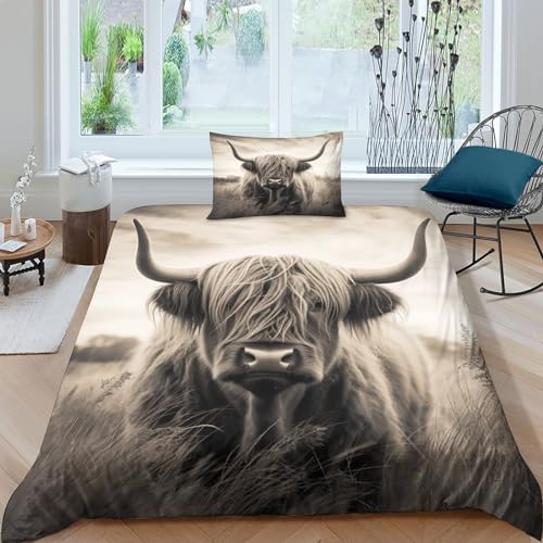 BUKISA Hochlandrinder Mikrofaser Bettbezug Set Für Jugendliche Und Erwachsene – Tiere Set Bettbezugfür 3D Druck Bettwäsche Und Kissenbezug (3 Stück) Single（135x200cm） von BUKISA