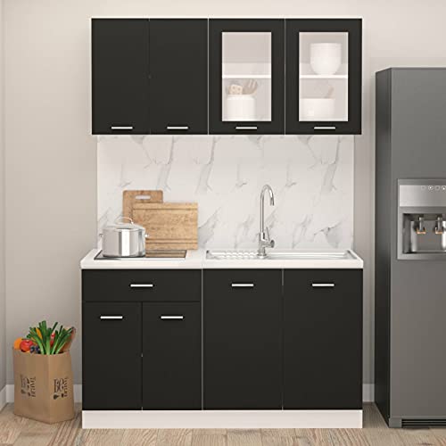 BULANED 4-TLG. Küchenzeile, Küchenschrank, Einbauküche, Unterschrank Küche, Kitchen Cabinet Unit, Singleküche, Kitchen Cabinets, Schwarz Holzwerkstoff von BULANED