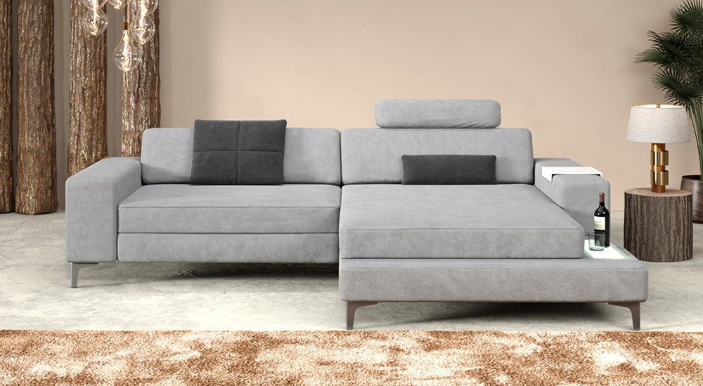 BULLHOFF Ecksofa Designsofa Ecksofa »MÜNCHEN IV« Eckcouch L-Form Sofa LED Couch Wohnlandschaft grau XXL Ottomane von BULLHOFF