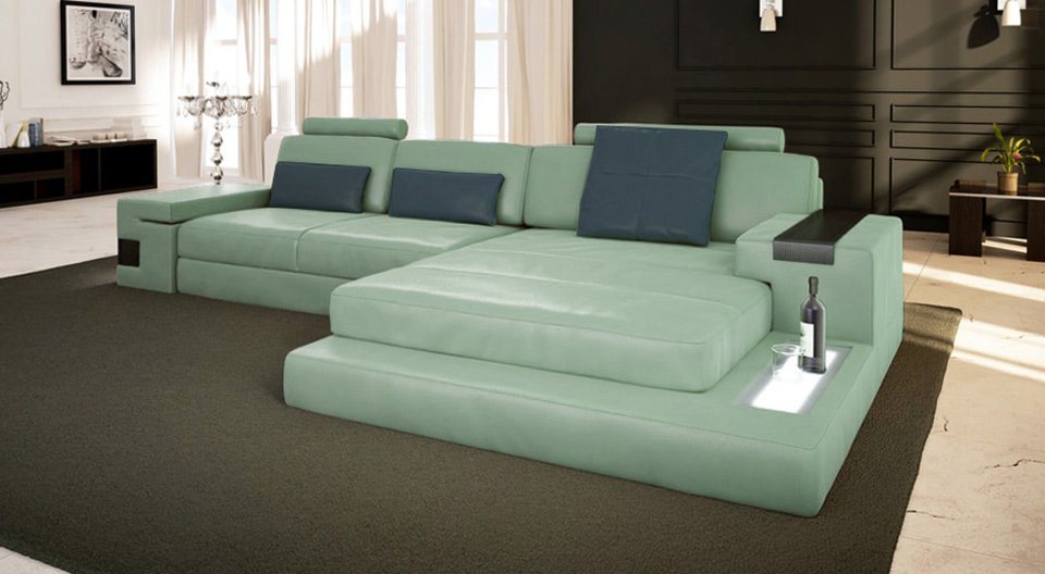 BULLHOFF Ecksofa Leder Ecksofa LED-Licht Couch Grün Leder Blau Eckcouch Sofa HAMBURG von BULLHOFF