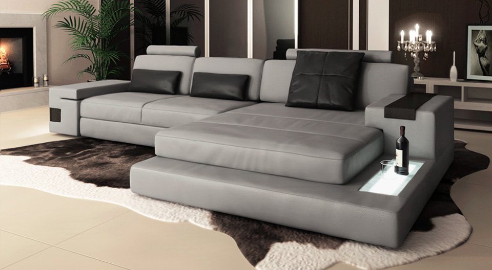 BULLHOFF Ecksofa Wohnlandschaft Leder Ecksofa Designsofa Eckcouch L-Form LED Leder Sofa Couch XL hell grau »HAMBURG III« von BULLHOFF, Made in Europe, das ORIGINAL"" von BULLHOFF