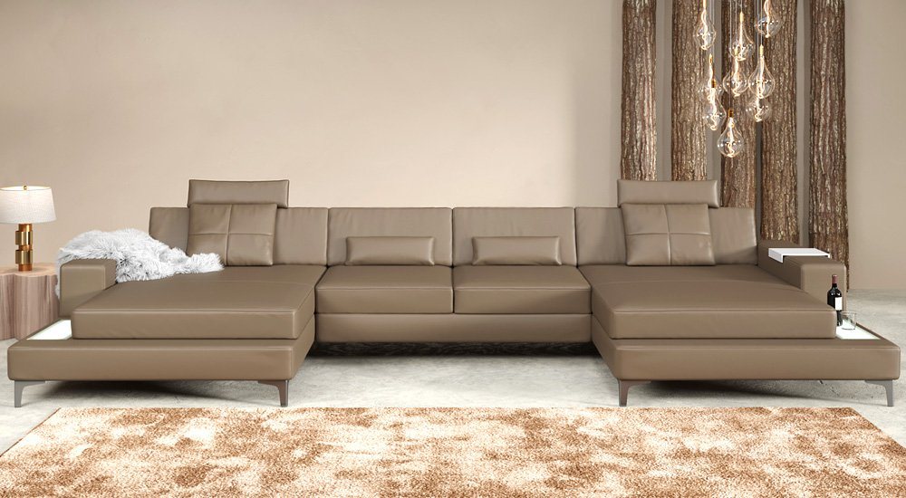 BULLHOFF Wohnlandschaft Leder Wohnlandschaft Ledersofa XXL Ecksofa Eckcouch U-Form Leder Designsofa LED Sofa Couch Creme Taupe Beige »MÜNCHEN« von BULLHOFF von BULLHOFF