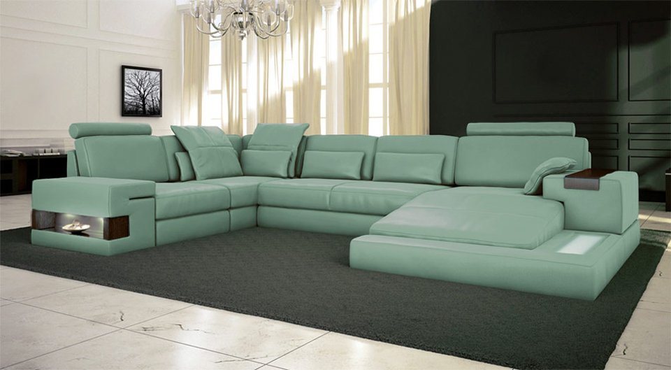 BULLHOFF Wohnlandschaft Leder Wohnlandschaft XXL Sofa U-Form Couch Grün LED Designsofa HAMBURG von BULLHOFF