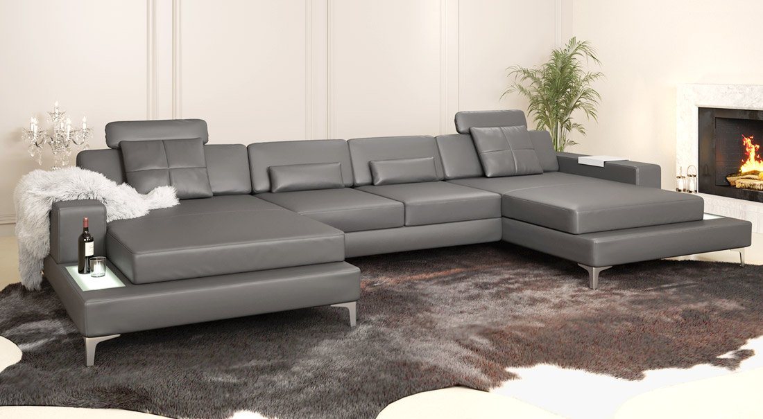 BULLHOFF Wohnlandschaft XXL Wohnlandschaft Leder Ecksofa Eckcouch U-Form Leder Designsofa LED Sofa Couch Grau »MÜNCHEN« von BULLHOFF von BULLHOFF