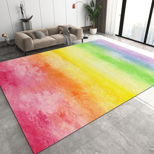 Teppich mit Regenbogen-Farbverlauf und visuellem Effekt, mehrfarbiger Wohnzimmerteppich mit Cartoon-Fantasie, rutschfester Schlafzimmerteppich mit niedrigem Flor maschinenwaschbare teppiche 180x240cm von BURUNG