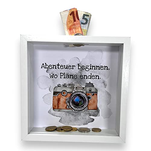 BUSDUGA 4137 Sparkasse Bilderrahmen „Abenteuer“ 20x20x5cm, Urlaubskasse Reisekasse (weiß) von BUSDUGA