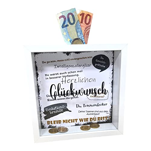 BUSDUGA 4202 Sparkasse Bilderrahmen mit Beleidigungen, 20x20x5cm, Spardose Geldgeschenk - schwarzer Humor - lustige Geschenkidee von BUSDUGA