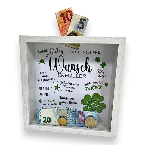 BUSDUGA 4303 Sparkasse Bilderrahmen WUNSCHERFÜLLER, 20x20x5cm, Spardose Geldgeschenk (Holzoptik weiß) von BUSDUGA