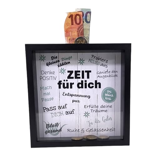 BUSDUGA 4370 Sparkasse Bilderrahmen Zeit für Dich, 20x20x5cm, Spardose Geldgeschenk (Schwarz) von BUSDUGA